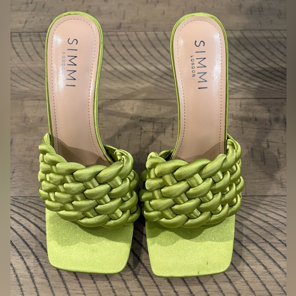 NEW Simmi London Brandy Bright Green Satin Woven Open Toe Slide On Mules Heels - Picture 5 of 10